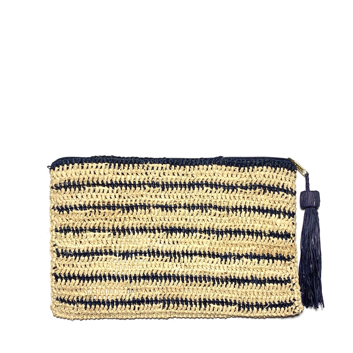 Striped Raffia Pouch – Navy