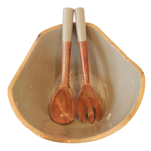 Large Mango Wood Bowl and Servers Set - Taupe