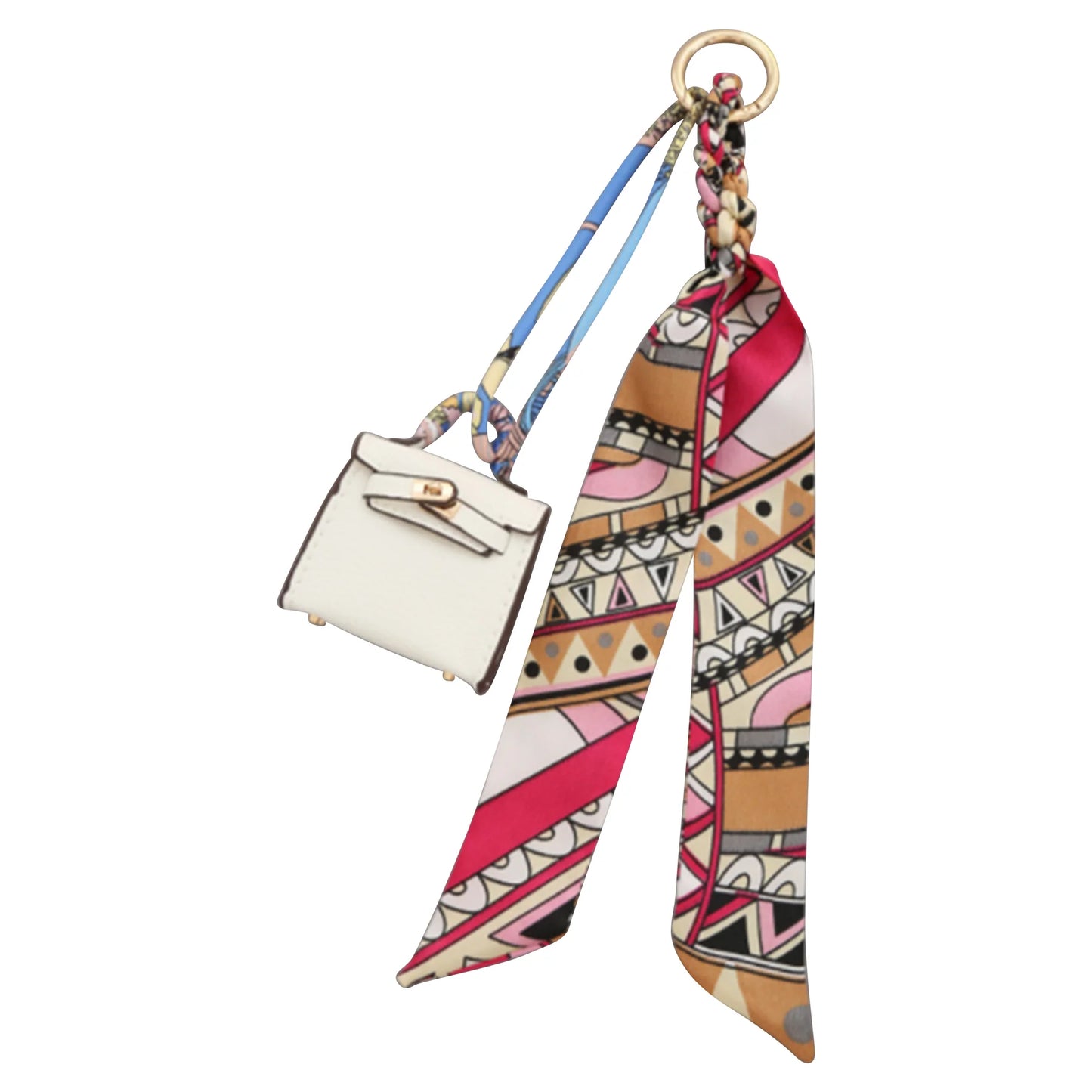 Mini Designer Bag Charm with Scarf- White