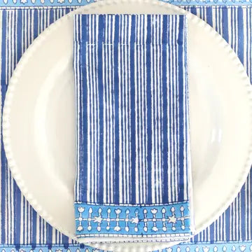 Blue and White Striped Block Print Napkins- Set of 4