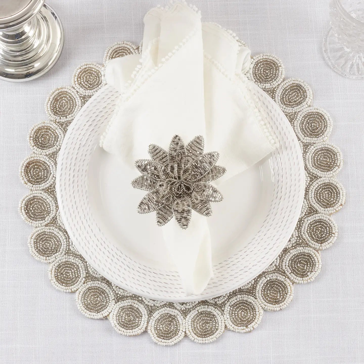 Silver Floral Beaded Napkin Ring Set