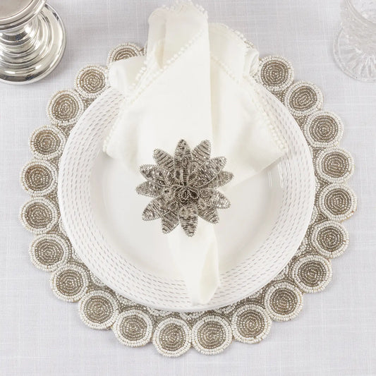 Silver Floral Beaded Napkin Ring Set