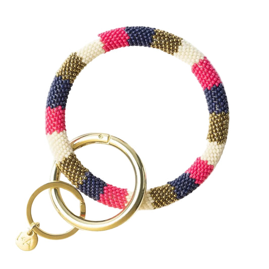 Beaded Key Ring- Hot Pink and Navy