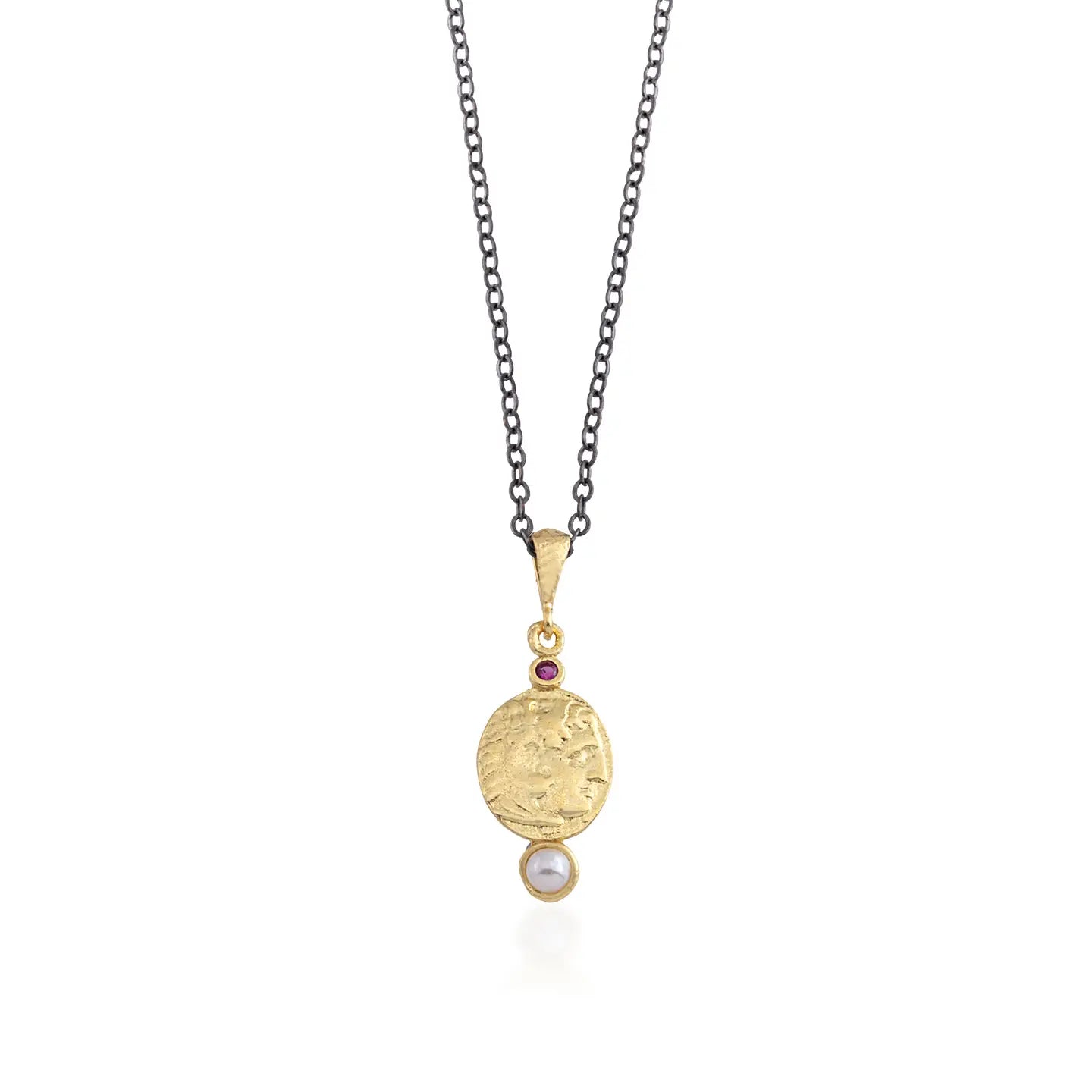 Hammered Coin Necklace with Ruby and Pearl Accent