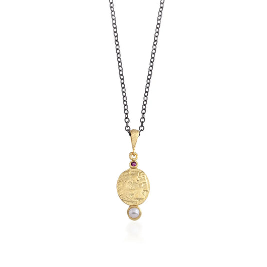 Hammered Coin Necklace with Ruby and Pearl Accent