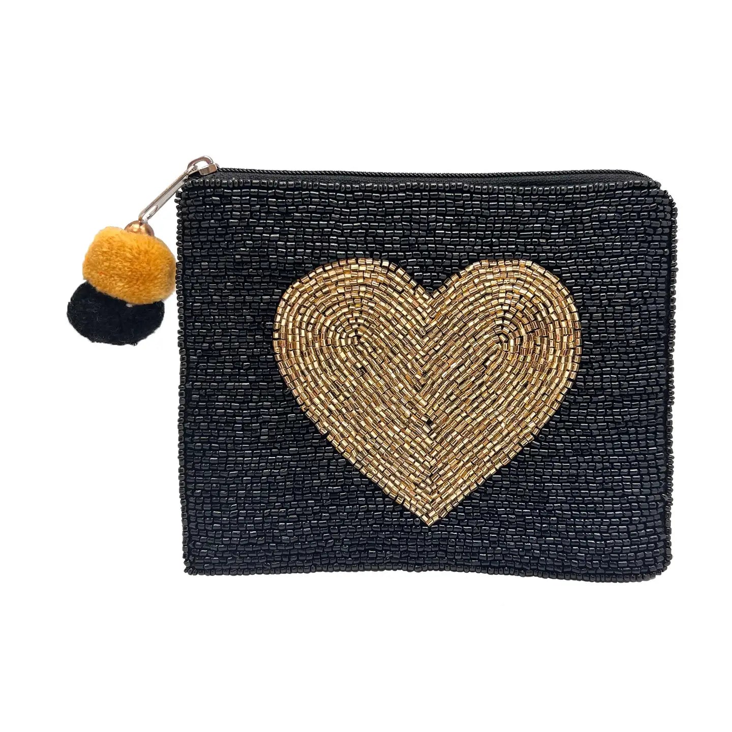Golden Heart Black Beaded Pouch