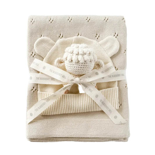 Lamb Pique Blanket Hat and Rattle Set