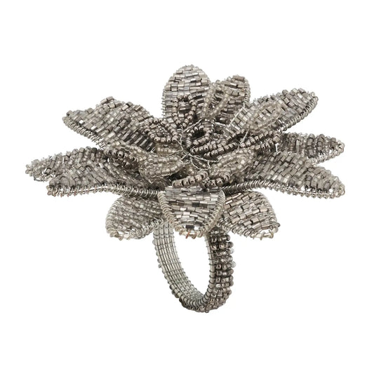 Silver Floral Beaded Napkin Ring Set