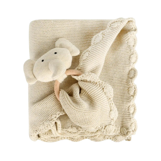 Scallop Knit Baby Blanket and Rattle